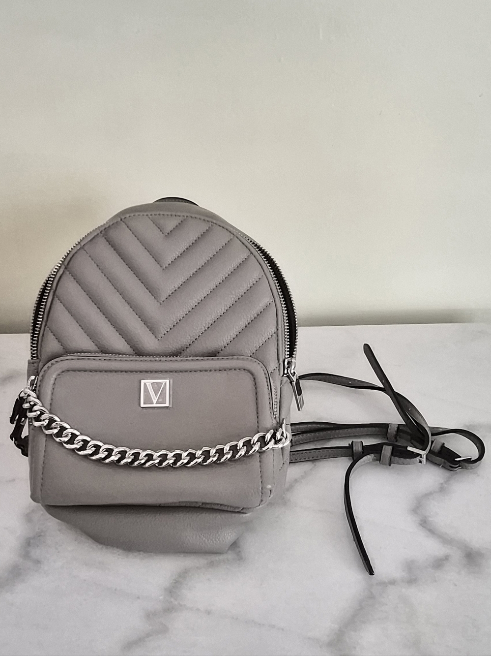 Victoria's Secret Quilted Mini Backpack in Light Gray with Chain Accent